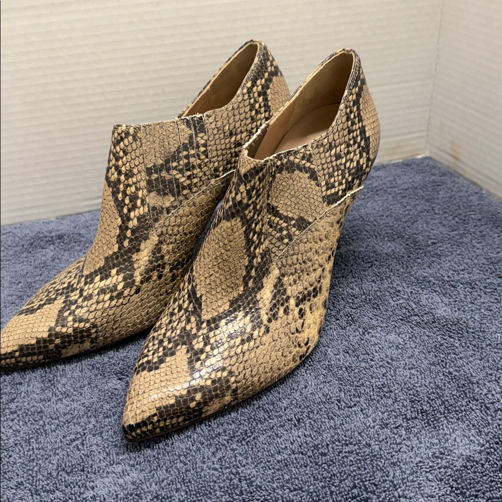 INEZ Snake-Print Pointed Toe High Heel Booties in Beige